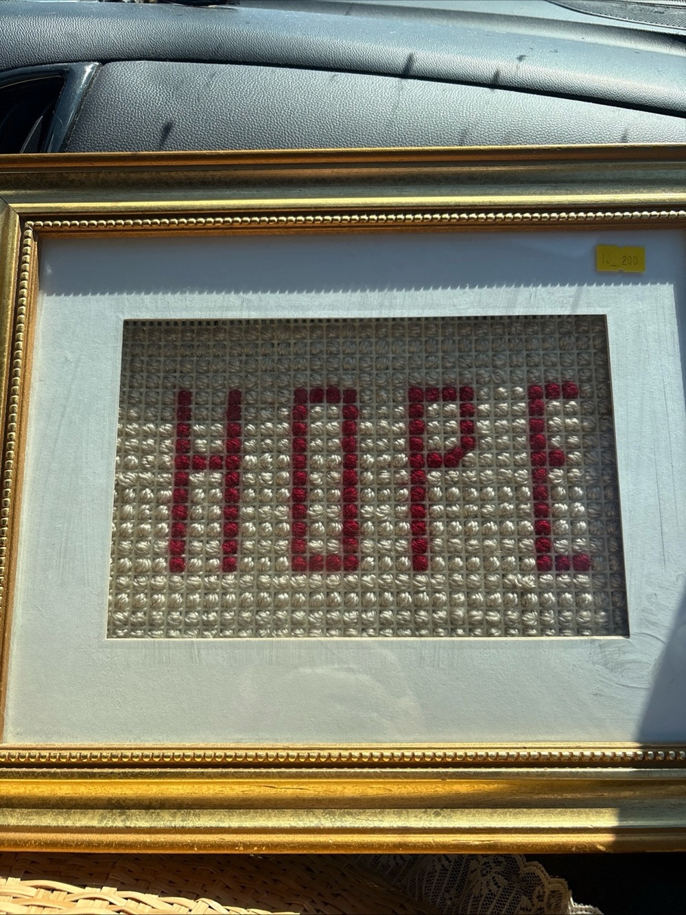 Source Unknown Framed 'HOPE' Cross-Stitch in Red and Cream